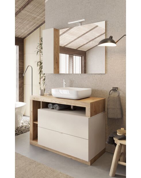 Ancona - Meuble salle de bain sur pieds chêne kadiz & Cachemire laqué brillant - 2 tiroirs + 3 niches + vasque à poser - 110x79x49 cm