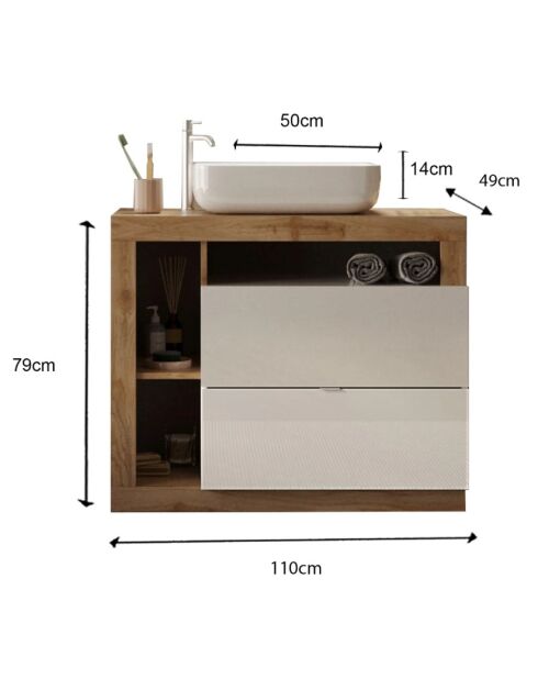 Ancona - Meuble salle de bain sur pieds chêne kadiz & Cachemire laqué brillant - 2 tiroirs + 3 niches + vasque à poser - 110x79x49 cm