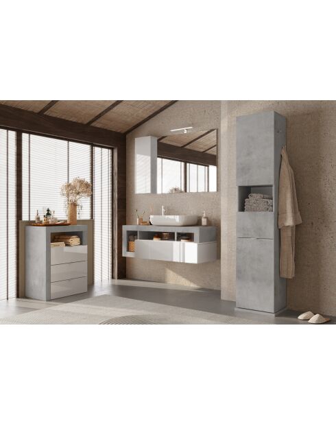 Ancona - Meuble de rangement salle de bain 3 tiroirs effet béton façade blanc laqué brillant - 64x78x35 cm