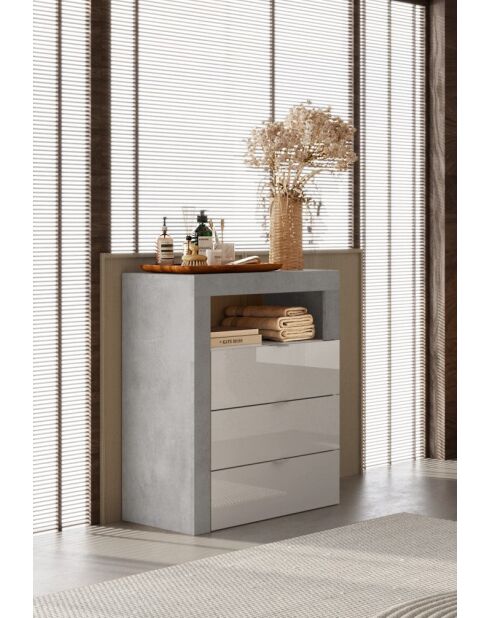 Ancona - Meuble de rangement salle de bain 3 tiroirs effet béton façade blanc laqué brillant - 64x78x35 cm