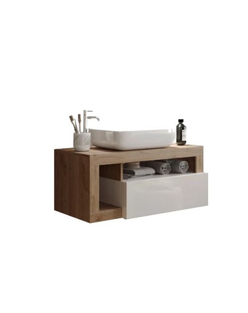 Ancona - Meuble salle de bain suspendu chêne Mercure & Cachemire laqué brillant - 1 Tiroir + 2 niches + vasque à poser - 79x47x49 cm