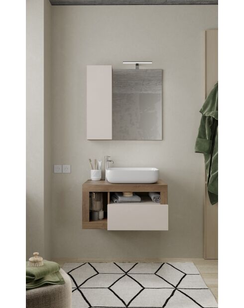 Ancona - Meuble salle de bain suspendu chêne Mercure & Cachemire laqué brillant - 1 Tiroir + 2 niches + vasque à poser - 79x47x49 cm