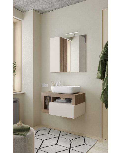 Ancona - Meuble salle de bain suspendu chêne Mercure & Cachemire laqué brillant - 1 Tiroir + 2 niches + vasque à poser - 79x47x49 cm