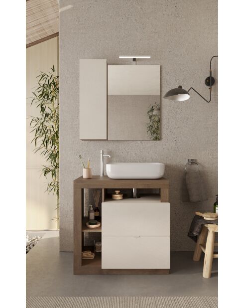 Ancona - Meuble salle de bain sur pieds chêne Mercure & Cachemire laqué brillant - 2 tiroirs + 3 niches + vasque à poser - 79x79x49 cm