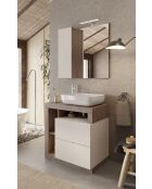 Ancona - Meuble salle de bain sur pieds chêne Mercure & Cachemire laqué brillant - 2 tiroirs + 3 niches + vasque à poser - 79x79x49 cm