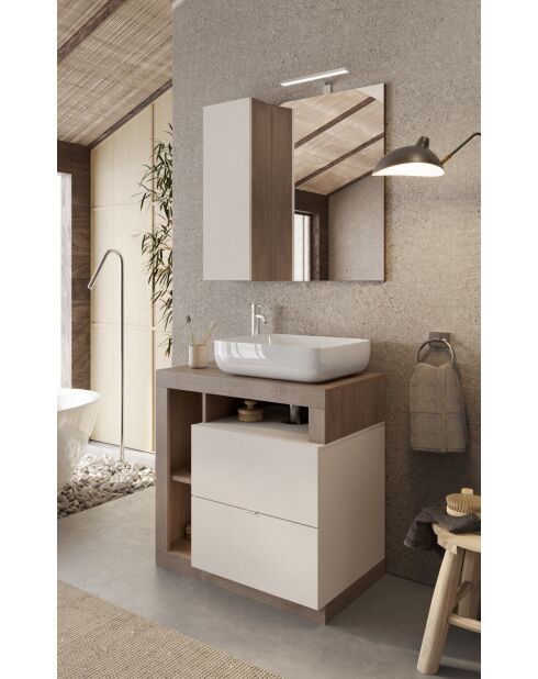 Ancona - Meuble salle de bain sur pieds chêne Mercure & Cachemire laqué brillant - 2 tiroirs + 3 niches + vasque à poser - 79x79x49 cm