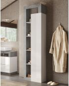 Ancona - Colonna portaoggetti da bagno 1 anta + 4 ripiani facciata laccata bianco lucido effetto cemento - 50x189x33 cm