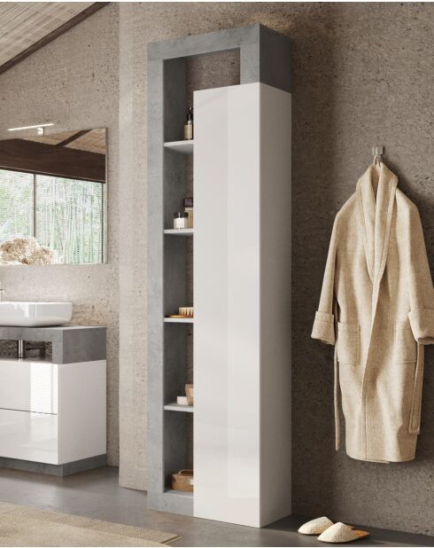 Ancona - Colonne de rangement salle de bain 1 porte + 4 étagères effet béton façade blanc laqué brillant - 50x189x33 cm