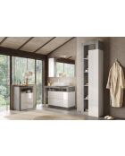 Ancona - Colonna portaoggetti da bagno 1 anta + 4 ripiani facciata laccata bianco lucido effetto cemento - 50x189x33 cm