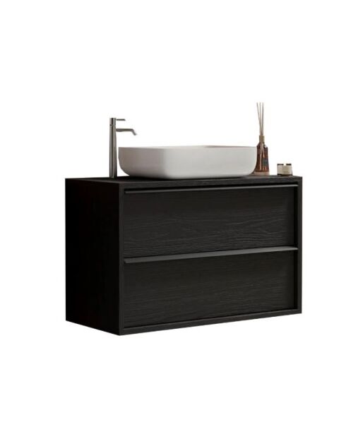 Syracuse - Meuble salle de bain suspendu Frêne Noir - 2 tiroirs + vasque à poser en céramique - 79x64x43 cm