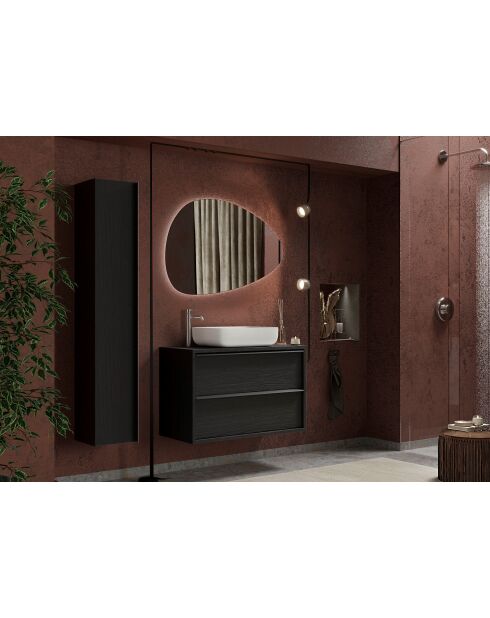 Syracuse - Meuble salle de bain suspendu Frêne Noir - 2 tiroirs + vasque à poser en céramique - 79x64x43 cm