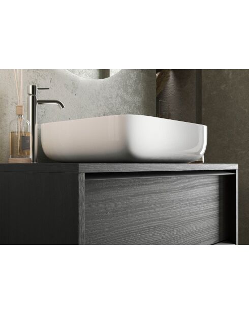 Syracuse - Meuble salle de bain suspendu Frêne Noir - 2 tiroirs + vasque à poser en céramique - 79x64x43 cm