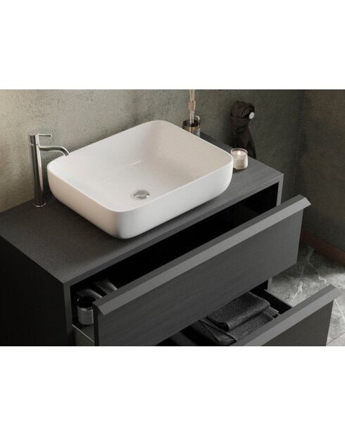 Syracuse - Meuble salle de bain suspendu Frêne Noir - 2 tiroirs + vasque à poser en céramique - 79x64x43 cm