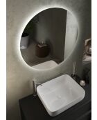 Syracuse - Meuble salle de bain suspendu Frêne Noir - 2 tiroirs + vasque à poser en céramique - 79x64x43 cm