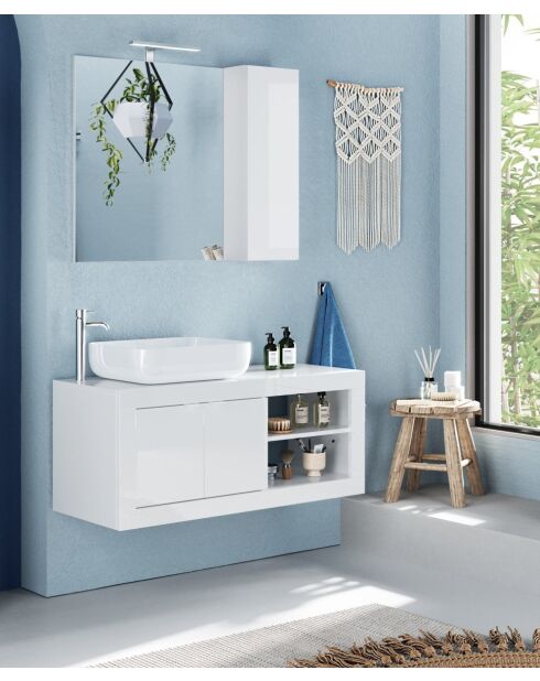Bari - Meuble salle de bain suspendu Blanc laqué Brillant - 2 portes + 2 niches + vasque à poser - 110x47x45 cm