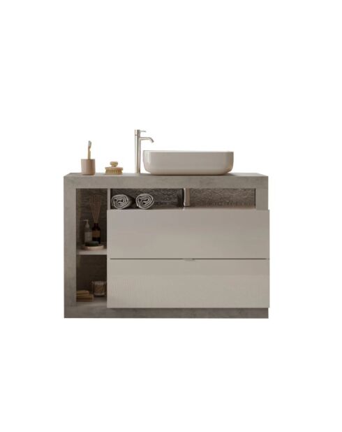 Ancona - Badmöbel auf Beinen Beton und glänzend lackiert - 2 Schubladen + 3 Nischen + Aufsatzwaschbecken - 110x79x49 cm