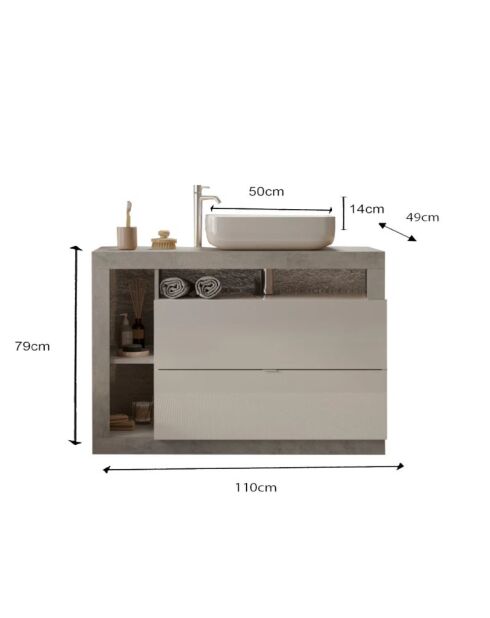 Ancona - Badmöbel auf Beinen Beton und glänzend lackiert - 2 Schubladen + 3 Nischen + Aufsatzwaschbecken - 110x79x49 cm