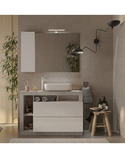 Ancona - Badmöbel auf Beinen Beton und glänzend lackiert - 2 Schubladen + 3 Nischen + Aufsatzwaschbecken - 110x79x49 cm