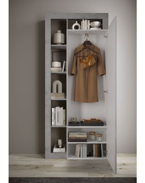 Ancona - Armoire de couloir 1 porte Miroir strucutre effet Béton - Tringle à vetement + 2 étagères - 90,5x210x30 cm