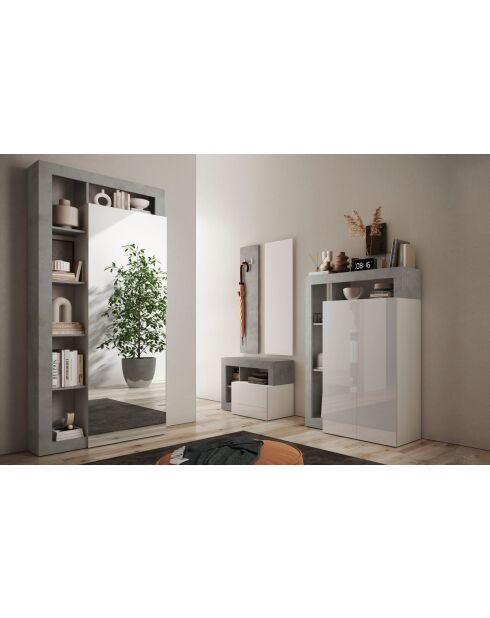 Ancona - Armoire de couloir 1 porte Miroir strucutre effet Béton - Tringle à vetement + 2 étagères - 90,5x210x30 cm