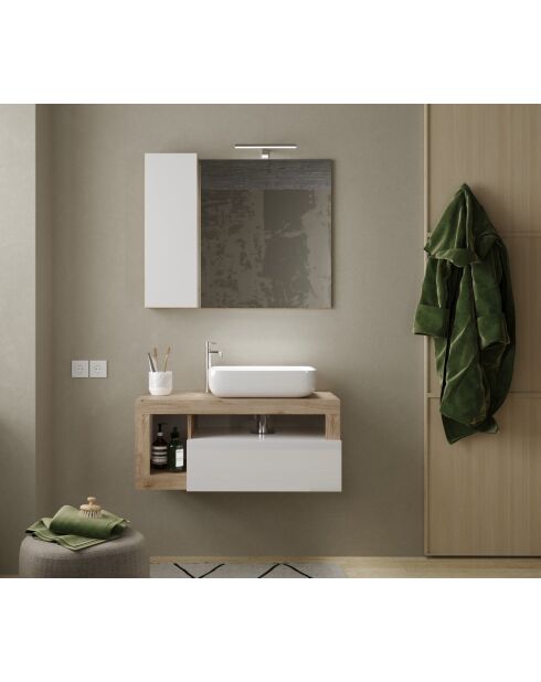 Ancona - Hangend badkamermeubel in kadiz-eikenhout en glanzend gelakt - 1 lade + 2 nissen + aanrechtwastafel - 92x47x49 cm