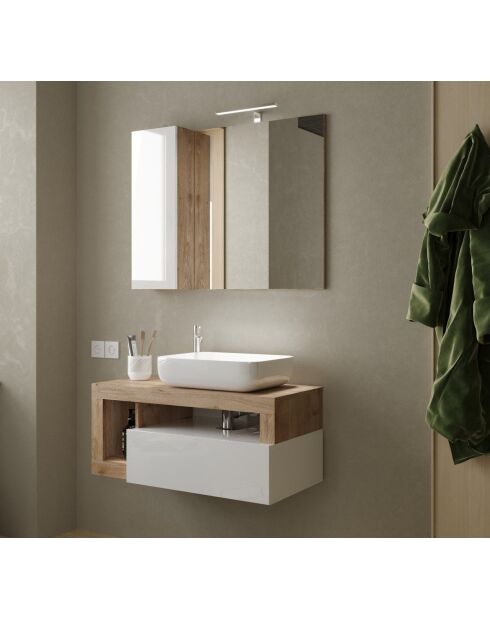 Ancona - Hangend badkamermeubel in kadiz-eikenhout en glanzend gelakt - 1 lade + 2 nissen + aanrechtwastafel - 92x47x49 cm