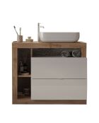 Ancona - Meuble salle de bain sur pieds chêne Mercure et Cachemire laqué brillant - 2 tiroirs + 3 niches + vasque à poser - 110x79x49 cm
