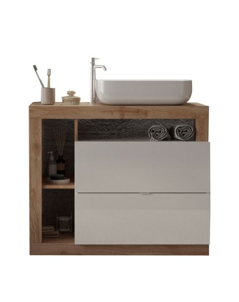 Ancona - Meuble salle de bain sur pieds chêne Mercure et Cachemire laqué brillant - 2 tiroirs + 3 niches + vasque à poser - 110x79x49 cm