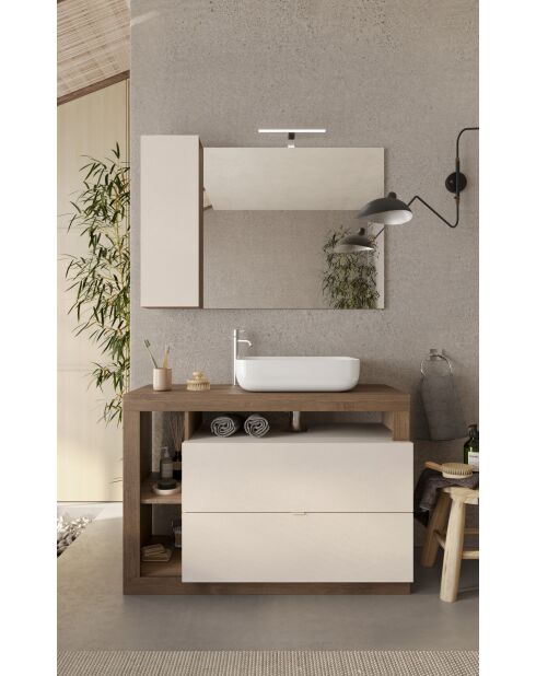 Ancona - Meuble salle de bain sur pieds chêne Mercure et Cachemire laqué brillant - 2 tiroirs + 3 niches + vasque à poser - 110x79x49 cm