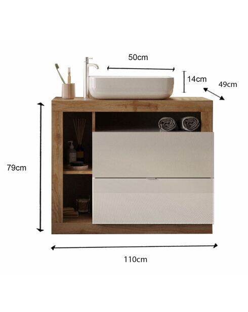 Ancona - Meuble salle de bain sur pieds chêne Mercure et Cachemire laqué brillant - 2 tiroirs + 3 niches + vasque à poser - 110x79x49 cm