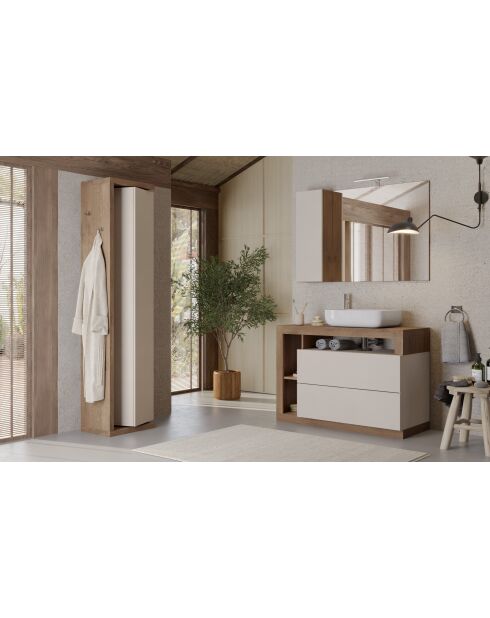 Ancona - Meuble salle de bain sur pieds chêne Mercure et Cachemire laqué brillant - 2 tiroirs + 3 niches + vasque à poser - 110x79x49 cm