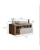 Ancona - Hangend badkamermeubel van Mercure eikenhout en glanzend gelakt kasjmier - 1 lade + 2 nissen + wastafel op het aanrecht - 110x47x49 cm