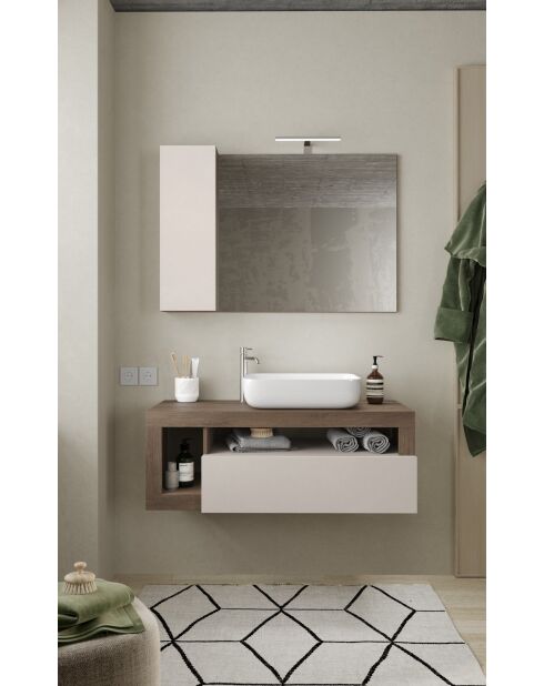 Ancona - Hangend badkamermeubel van Mercure eikenhout en glanzend gelakt kasjmier - 1 lade + 2 nissen + wastafel op het aanrecht - 110x47x49 cm