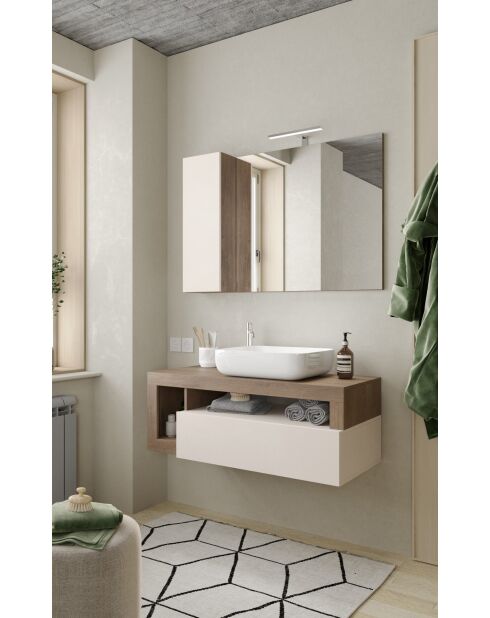 Ancona - Hangend badkamermeubel van Mercure eikenhout en glanzend gelakt kasjmier - 1 lade + 2 nissen + wastafel op het aanrecht - 110x47x49 cm