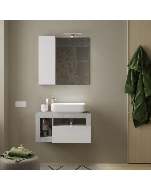 Ancona - Meuble salle de bain suspendu colorisBéton & laqué brillant - 1 Tiroir + 2 niches + vasque à poser - 79x47x49 cm