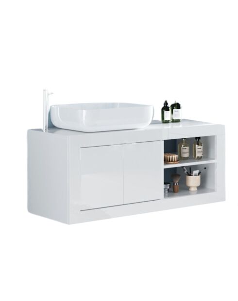 Bari - Meuble salle de bain suspendu Blanc laqué Brillant - 2 portes + 2 niches + vasque à poser - 92x47x45 cm