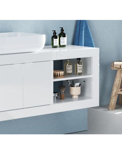 Bari - Meuble salle de bain suspendu Blanc laqué Brillant - 2 portes + 2 niches + vasque à poser - 92x47x45 cm