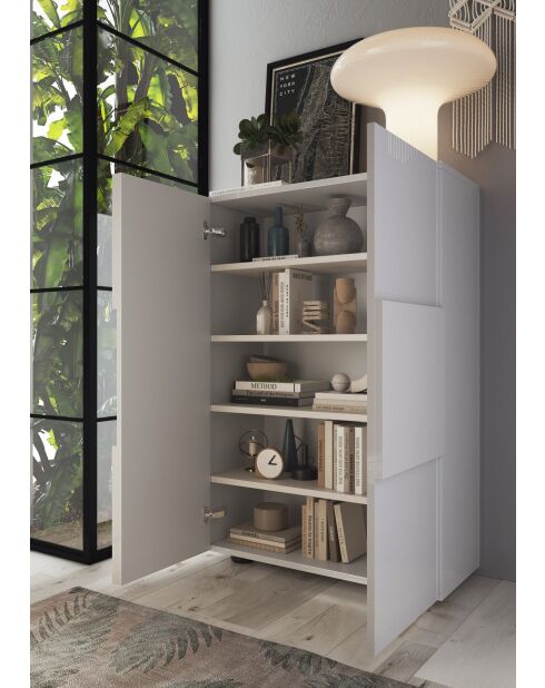 Damiano - Meuble de rangement Haut 2 portes Blanc Laqué brillant - 4 étageres - 78x186,5x31 cm