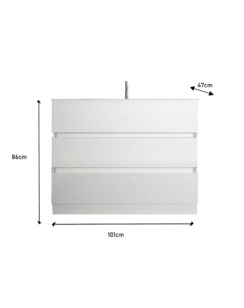 Sienna - Badkamermeubel op glanzend wit gelakte poten - 3 laden + geïntegreerde keramische wastafel - 101x86x47 cm