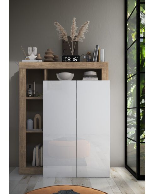 Ancona - Mobile contenitore alto 2 ante facciata in rovere kadiz Laccato lucido bianco - 4 ripiani - 109x138,5x30 cm