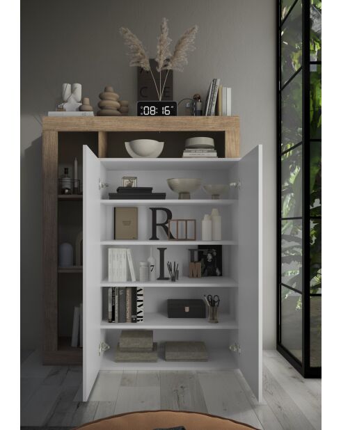 Ancona - Mobile contenitore alto 2 ante facciata in rovere kadiz Laccato lucido bianco - 4 ripiani - 109x138,5x30 cm