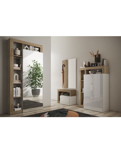 Ancona - Mobile contenitore alto 2 ante facciata in rovere kadiz Laccato lucido bianco - 4 ripiani - 109x138,5x30 cm