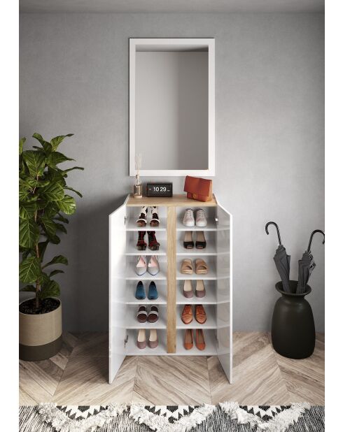 Ferrara - Contenitore a 2 ante con 5 ripiani regolabili in bianco laccato lucido e rovere kadiz - 70x111x35 cm