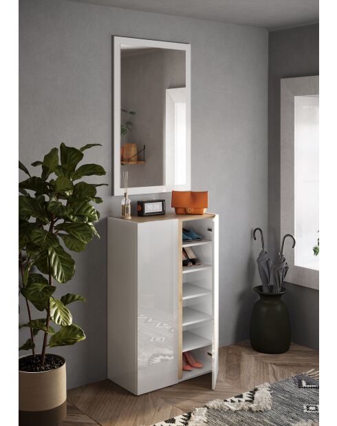 Ferrara - Contenitore a 2 ante con 5 ripiani regolabili in bianco laccato lucido e rovere kadiz - 70x111x35 cm