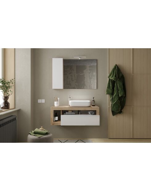 Ancona - Miroir Led avec Colonne Integrée 1 porte H30 cm chêne kadiz & Cachemire laqué brillant - 110x75x18 cm
