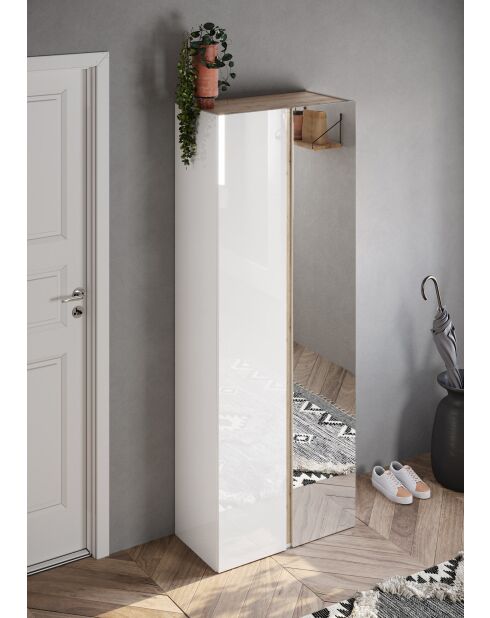 Ferrara - Armadio a 2 ante con specchio e 10 ripiani regolabili in laccato lucido bianco e rovere kadiz - 70x185x35 cm