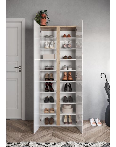 Ferrara - Armadio a 2 ante con specchio e 10 ripiani regolabili in laccato lucido bianco e rovere kadiz - 70x185x35 cm