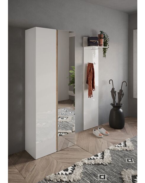 Ferrara - Armadio a 2 ante con specchio e 10 ripiani regolabili in laccato lucido bianco e rovere kadiz - 70x185x35 cm