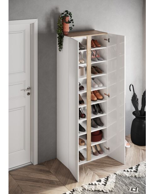 Ferrara - Armadio a 2 ante con specchio e 10 ripiani regolabili in laccato lucido bianco e rovere kadiz - 70x185x35 cm