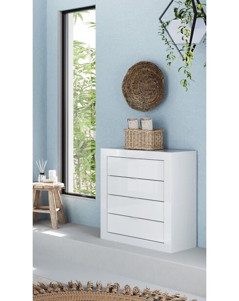 Bari - Meuble de rangement salle de bain 4 tiroirs blanc laqué brillant - 70x78x35 cm